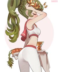 Rule 34 | 1girl, adapted costume, alternate hairstyle, ass, blush, breasts, carrot, chalice, closed eyes, commentary, cup, english commentary, from side, green hair, hair behind ear, highres, kid icarus, kid icarus uprising, medium breasts, nintendo, onionsketch, palutena, solo, sports bra, tying hair