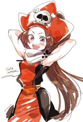 Rule 34 | 1girl, armpits, arms behind head, breasts, brown eyes, brown hair, ekubo (ciaobero), guilty gear, hat, hip vent, long hair, may (guilty gear), neckerchief, orange hat, orange shirt, pirate hat, shirt, simple background, small breasts, solo, spandex