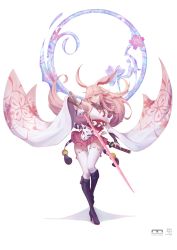 Rule 34 | 1girl, absurdres, animal ears, bare shoulders, boots, closed mouth, duxi (634265183), fox ears, fox mask, full body, hair between eyes, highres, holding, holding sword, holding weapon, honkai (series), honkai impact 3rd, japanese clothes, katana, long hair, looking at viewer, mask, miko, pink hair, pink skirt, purple eyes, purple footwear, sheath, sheathed, simple background, skirt, solo, sword, thighhighs, weapon, white background, white thighhighs, yae sakura, yae sakura (gyakushinn miko)