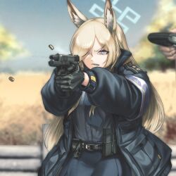 Rule 34 | 1girl, 1other, aiming, ambiguous gender, ammunition pouch, animal ears, armband, belt, black belt, black gloves, black jacket, blonde hair, blue archive, blue armband, blue eyes, blue halo, blue jacket, blue necktie, blue skirt, blue sky, blurry, blurry background, breasts, commentary request, cowboy shot, dog ears, finger on trigger, firing, glock, gloves, grey eyes, grimace, gun, hair over one eye, halo, handgun, high collar, highres, holding, holding gun, holding weapon, jacket, kanna (blue archive), large breasts, leather, leather gloves, long hair, long sleeves, magazine (weapon), massabou2, necktie, one eye covered, open mouth, out of frame, outdoors, parted lips, police, police uniform, pouch, sharp teeth, shell casing, shirt tucked in, skirt, sky, solo focus, teeth, two-handed, uniform, upper body, v-shaped eyebrows, weapon
