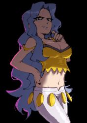 Rule 34 | 1girl, absurdres, bare arms, bare shoulders, black background, black pants, blue eyes, blue hair, breasts, cleavage, collarbone, creatures (company), crop top, game freak, gingrjoke, hand on own hip, highres, karen (pokemon), large breasts, light blue hair, long hair, midriff, nintendo, pants, parted bangs, pokemon, pokemon hgss, shirt, solo, spaghetti strap, underlighting, v-shaped eyebrows, wavy hair, white pants, yellow shirt