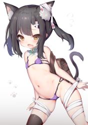 Rule 34 | 1girl, absurdres, animal ears, backpack, bag, bikini, black hair, black thighhighs, blunt bangs, blush, brown eyes, cat ears, cat tail, detached collar, fang, fate/kaleid liner prisma illya, fate (series), flat chest, hair ornament, highres, looking at viewer, micro bikini, miyu edelfelt, navel, open mouth, ponytail, purple bikini, ribbon, short hair, simple background, single thighhigh, solo, standing, swimsuit, tail, thighhighs, thighs, tomo (ryo i so ), translation request, white background, white ribbon, x hair ornament