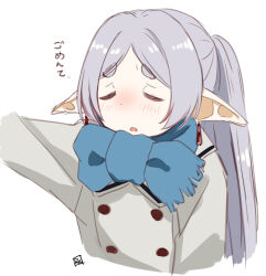 Rule 34 | 1girl, arm at side, blue scarf, blush, buttons, coat, double-breasted, earrings, ears down, elf, frieren, grey coat, grey hair, jewelry, long hair, long sleeves, outstretched arm, parted bangs, pointy ears, retsumaru, scarf, side ponytail, simple background, sleepy, solo, sousou no frieren, upper body, white background, winter clothes