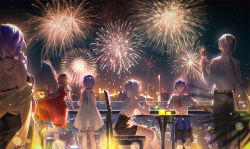 Rule 34 | 2boys, 4girls, arm up, armlet, backlighting, bare shoulders, black hair, bloom, blue eyes, blue hair, blurry, bokeh, brown hair, can, candle, chair, cityscape, cocktail glass, cup, depth of field, dress, dress shirt, drinking glass, fireworks, high heels, highres, holding, holding can, long hair, looking up, luo tianyi, mo qingxian, multiple boys, multiple girls, night, night sky, off shoulder, outdoors, outstretched arm, ponytail, purple hair, red dress, shirt, short sleeves, sitting, sky, standing, star (sky), starry sky, table, tidsean, very long hair, vocaloid, vsinger, white dress, white hair, white shirt, yanhe, yuezheng ling, yuezheng longya, zhiyu moke