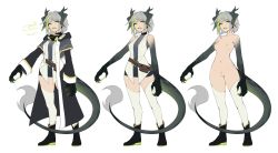 Rule 34 | 1girl, belt, boots, breasts, colored nipples, dragon girl, dragon horns, dragon tail, earrings, full body, green hair, grey hair, highres, horns, jewelry, long sleeves, looking at viewer, medium breasts, multicolored hair, nipples, open mouth, original, pointy ears, pussy, ricegnat, scathe (ricegnat), short hair, simple background, solo, streaked hair, tail, test tube, thighhighs, white background, white thighhighs