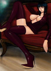 Rule 34 | 1girl, arm behind head, black hair, blue eyes, blunt bangs, boots, breasts, breasts out, couch, crossed legs, dress, from side, grin, half-closed eyes, high heel boots, high heels, indoors, knee up, komii, large breasts, long sleeves, looking to the side, nico robin, nipples, no bra, one piece, open clothes, open dress, purple footwear, purple thighhighs, reclining, revision, shoes, short dress, short hair, smile, solo, stiletto heels, thigh boots, thighhighs, zettai ryouiki