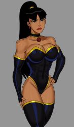Rule 34 | arosto2019, bare shoulders, black eyes, black footwear, black hair, breasts, cameltoe, collarbone, covered abs, covered navel, dark-skinned female, dark skin, dc comics, earrings, highres, jewelry, justice league, large breasts, leotard, lips, long hair, muscular, muscular female, ponytail, simple background, superwoman (justice league:crisis on two earth), thighhighs