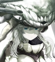 Rule 34 | 10s, 1girl, abyssal ship, blue eyes, cannon, close-up, empty eyes, expressionless, hair between eyes, headgear, highres, kantai collection, looking down, machinery, monochrome, muted color, pale skin, pen (pixiv257621), portrait, simple background, solo, teeth, turret, upper body, white hair, wo-class aircraft carrier