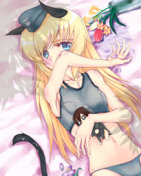 Rule 34 | 1girl, animal ears, blonde hair, blue eyes, breasts, cat ears, cat tail, character doll, covered erect nipples, flat chest, flower, gertrud barkhorn, hat, helma lennartz, long hair, lying, marie (bethlehem), medium breasts, navel, on back, panties, solo, sports bra, strike witches, strike witches: suomus misfits squadron, stuffed toy, tail, tulip, underwear, underwear only, world witches series