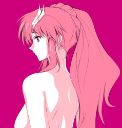 Rule 34 | 00s, 1girl, back, blue eyes, breasts, gundam, gundam seed, hair ornament, hairclip, highres, lacus clyne, long hair, non-web source, nude, pink hair, pink theme, ponytail, profile, simple background, solo, zundarepon