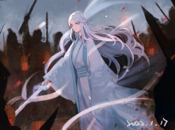 Rule 34 | 1girl, bai yuxiu, chinese clothes, dated, feng ling yu xiu, hair down, hanfu, looking at viewer, sash, silhouette, solo focus, sword, weapon, white hair, wide sleeves, wind