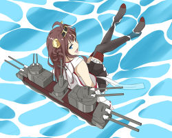Rule 34 | 10s, 1girl, ahoge, bad id, bad pixiv id, black footwear, black skirt, black thighhighs, blue eyes, boots, cannon, den (kur0 yuki), detached sleeves, frilled skirt, frills, from above, hair bun, in water, kantai collection, kongou (kancolle), lace-trimmed sleeves, lace trim, long hair, looking at viewer, open mouth, single hair bun, sitting, skirt, solo, thigh boots, thighhighs, very long hair, zettai ryouiki