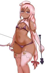 Rule 34 | 1girl, :/, alternate breast size, arrow (projectile), bare shoulders, blush, bow (weapon), braid, breasts, clothing cutout, commentary, cupid (monster girl encyclopedia), dark-skinned female, dark skin, elbow gloves, gloves, hair ribbon, hat, heart, heart-shaped pupils, heart cutout, highres, long hair, monster girl encyclopedia, nav (itsnav), navel, pink gloves, pink hair, pink thighhighs, purple eyes, red ribbon, ribbon, simple background, small breasts, solo, stomach, symbol-shaped pupils, thick thighs, thighhighs, thighs, very long hair, weapon, white background, wide hips