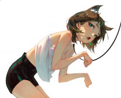 Rule 34 | 1girl, animal ear fluff, animal ears, bare arms, bare shoulders, black collar, black shorts, breasts, brown hair, cat ears, collar, dino (dinoartforame), fang, from side, green eyes, green hair, highres, leaning forward, leash, looking at viewer, medium breasts, multicolored hair, open mouth, original, paw pose, shirt, shorts, sideways glance, simple background, skin fang, solo, spaghetti strap, streaked hair, white background, white shirt
