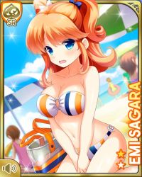 Rule 34 | 4girls, bag, beach, blue bow, blue eyes, blue sky, bow, breasts, day, girlfriend (kari), hair behind ear, hand on lap, holding, large breasts, multiple girls, official art, open mouth, orange hair, outdoors, qp:flapper, sagara emi, sand, sky, surprised, swimsuit, tagme, towel, twintails, umbrella