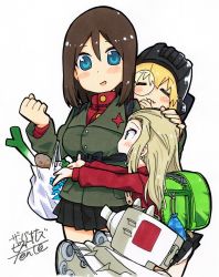 Rule 34 | 10s, 3girls, absurdres, aged down, animal print, artist name, baby, backpack, bag, black hair, black hat, black skirt, blonde hair, blue eyes, blush, carrying, child, chips (food), clara (girls und panzer), clenched hand, closed eyes, commentary request, emblem, fanta (the banana pistols), food, girls und panzer, green jacket, grocery bag, hand on another&#039;s head, hat, helmet, highres, jacket, katyusha (girls und panzer), kv-2, long hair, long sleeves, looking at another, military, military vehicle, miniskirt, motor vehicle, multiple girls, no jacket, nonna (girls und panzer), nose blush, open mouth, outstretched arms, panties, pantyshot, pleated skirt, potato chips, pravda school uniform, rabbit print, randoseru, red shirt, saliva, school uniform, shirt, shopping bag, short hair, signature, simple background, skirt, sleeping, smile, spring onion, standing, swept bangs, tank, tank helmet, traditional media, turtleneck, underwear, white background, white panties