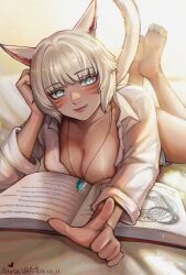 Rule 34 | 1girl, animal ears, barefoot, bed sheet, blue eyes, book, breasts, cat ears, cat girl, cat tail, cleavage, collarbone, commentary request, dark-skinned female, dark skin, dated, eyelashes, final fantasy, final fantasy xiv, hairtail, heart, highres, jewelry, looking at viewer, lying, miqo&#039;te, naked shirt, necklace, nipple slip, nipples, on bed, on stomach, open book, open clothes, open shirt, pendant, pointing, pointing at viewer, shiny skin, shirt, short hair, slit pupils, smile, solo, tail, the pose, twitter username, white hair, white shirt, y&#039;shtola rhul