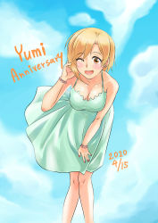 Rule 34 | 1girl, :o, absurdres, aiba yumi, anniversary, bare shoulders, blue sky, blush, bracelet, breasts, brown eyes, brown hair, character name, cleavage, cloud, collarbone, commentary request, dated, dress, earrings, green dress, hanging breasts, highres, idolmaster, idolmaster cinderella girls, jewelry, kirin toroika, legs together, large breasts, leaning forward, nail polish, one eye closed, red nails, short hair, sky, solo, standing, sundress