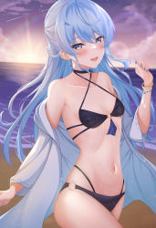 Rule 34 | 1girl, :d, absurdres, bad id, bad pixiv id, bangle, bare shoulders, beach, bikini, black bikini, black choker, blue eyes, blue hair, blue jacket, blush, bracelet, breasts, choker, cleavage, cloud, collarbone, earrings, hair between eyes, halterneck, highres, hololive, hood, hooded jacket, hoshimachi suisei, jacket, jewelry, light particles, long hair, long sleeves, looking at viewer, multiple straps, nail polish, navel, o-ring, o-ring swimsuit, ocean, open clothes, open jacket, open mouth, outdoors, sand, shinigami kiraki, shooting star, small breasts, smile, solo, sunset, swimsuit, thighs, virtual youtuber, water