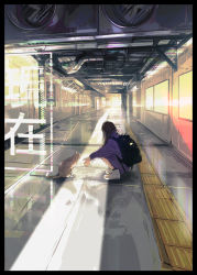 Rule 34 | 1girl, absurdres, backpack, bag, black footwear, brown hair, cat, commentary, condenser unit, facing away, from side, full body, highres, industrial pipe, jacket, light, long hair, long sleeves, maeda mic, original, own hands together, purple jacket, scenery, shoes, sneakers, socks, solo, squatting, subway, subway station, turtleneck, turtleneck jacket, ventilator, white footwear, wide shot