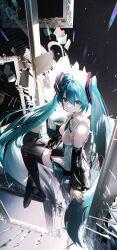 Rule 34 | 1girl, 39, absurdres, aqua eyes, aqua hair, breasts, chinese commentary, chromatic aberration, commentary request, detached sleeves, empty picture frame, hand on own thigh, hatsune miku, headset, highres, long hair, looking at viewer, medium breasts, mixed-language commentary, necktie, omone hokoma agm, picture frame, pleated skirt, sitting, skirt, solo, thighhighs, twintails, very long hair, vocaloid