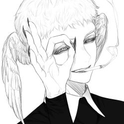 Rule 34 | androgynous, cigarette, colored sclera, copyright request, eyelashes, feathered wings, fingernails, greyscale, hand up, hanes 025, head wings, highres, korean commentary, long sleeves, looking at viewer, mini wings, monochrome, mouth hold, ok sign, peeking through fingers, sharp fingernails, short hair, simple background, smile, smirk, smoke, smoking, solo, teeth, teeth hold, veins, wings