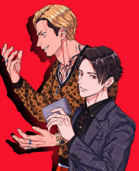 Rule 34 | 2boys, animal print, black hair, black shirt, blonde hair, blue jacket, bracelet, chest tattoo, collared shirt, daimu akutsu, dress shirt, earrings, grin, hand up, handkerchief, highres, holding, holding handkerchief, jacket, jewelry, leopard print, long sleeves, looking at viewer, lost judgment, male focus, multiple boys, necklace, parted lips, profile, red background, red eyes, ring, shirt, short hair, simple background, smile, souma kazuki, sweater, tattoo, undercut, upper body, watch, wristwatch, yakumo (ykm), yellow eyes