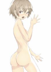 Rule 34 | 1girl, ass, brown eyes, brown hair, completely nude, looking at viewer, looking back, nude, open mouth, original, short hair, sima39, simple background, solo, standing, white background