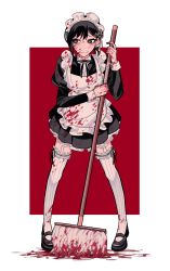 Rule 34 | 1girl, alternate costume, apron, black eyes, black footwear, black hair, black ribbon, blood, blood on clothes, blood on face, blood splatter, chainsaw man, claireiosity, eyebrows, female focus, frills, full body, garter straps, hair ornament, higashiyama kobeni, highres, long sleeves, maid, maid apron, maid headdress, mole, mole under eye, mole under mouth, mop, nervous, ponytail, red background, ribbon, scared, shoes, short ponytail, skirt, sleeves past elbows, solo, standing, sweat, tears, teeth, thighhighs, two-tone background, white background, white thighhighs