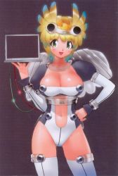 Rule 34 | 1girl, blonde hair, breasts, cable, cleavage, computer, green eyes, hand on own hip, large breasts, solo, thighhighs, yoshizaki mine