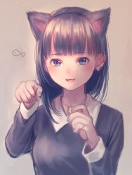 Rule 34 | 1girl, :d, animal ears, beige background, bell, black hair, blue eyes, blunt bangs, blush, cat ears, collared shirt, earrings, eyebrows, hairband, hand gesture, holding, holding jewelry, holding necklace, jewelry, jingle bell, long sleeves, nail polish, necklace, nishizawa, open mouth, original, paw earrings, paw pose, pendant, pink nails, ring, shirt, short hair, simple background, smile, solo, sweater, tareme, upper body