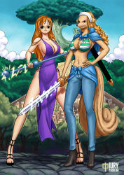 Rule 34 | 2girls, alternate costume, ass, bare legs, bare shoulders, blue dress, bracelet, breasts, brown eyes, cleavage, curvy, day, dog girl, dress, earrings, furry, furry female, holding, holding sword, holding weapon, huge ass, iury padilha, jewelry, large breasts, long hair, mink tribe, multiple girls, nami (one piece), nami (one piece) (zou), official alternate costume, one piece, orange hair, purple dress, sky, smile, sword, very long hair, wanda (one piece), weapon, wide hips