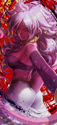 Rule 34 | 1girl, absurdres, android 21, ass, back, breasts, collarbone, earrings, glowing, glowing eyes, half-closed eyes, highres, hoop earrings, jewelry, kanchiyo, large breasts, long hair, majin android 21, pants, pink eyes, solo, strapless, tail, tube top, wavy hair, white hair, white pants