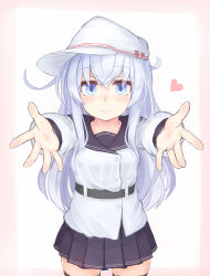 Rule 34 | 1girl, bad id, bad pixiv id, belt, black skirt, black thighhighs, blue eyes, blush, flat cap, hammer and sickle, hat, hibiki (kancolle), jewelry, kantai collection, long hair, looking at viewer, outstretched arms, pleated skirt, reitou mikan, ring, school uniform, serafuku, silver hair, skirt, smile, solo, thighhighs, verniy (kancolle), wedding band, white hat