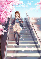 Rule 34 | 1girl, :d, absurdres, artist name, black footwear, black thighhighs, blue neckerchief, blue shirt, brown eyes, brown hair, cherry blossoms, day, flower, from side, highres, hime cut, long hair, miniskirt, neckerchief, open mouth, original, outdoors, pink flower, pleated skirt, porch5681, shiny skin, shirt, shoes, sketch, skirt, smile, solo, stairs, thighhighs, very long hair, white skirt, zettai ryouiki