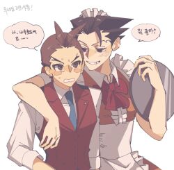 Rule 34 | 2boys, ace attorney, antenna hair, apollo justice, apron, arm at side, arm over shoulder, black hair, blue eyes, blue necktie, blush stickers, bow, bowtie, brown eyes, brown hair, buttons, center frills, collared dress, collared shirt, crossdressing, dress, frilled apron, frills, grin, holding, holding tray, kaburiburi, korean text, lapel pin, lapels, looking at another, maid, maid apron, maid headdress, male focus, male maid, multiple boys, necktie, orange dress, phoenix wright, red bow, red bowtie, red vest, shirt, short hair, short sleeves, simple background, sleeves past elbows, smile, speech bubble, spiked hair, sweat, translation request, tray, tres bien maid uniform, upper body, v-shaped eyebrows, vest, wavy mouth, white apron, white background, white shirt