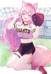 Rule 34 | 1girl, :d, absurdres, animal ears, antenna hair, baseball glove, baseball stadium, black skirt, blush, braid, breasts, claw pose, crop top, fang, fluffy, frilled skirt, frills, hakui koyori, hands up, hexagon hair ornament, highres, hinatan (hinatan krnk), hololive, letterboxed, long hair, looking at viewer, midriff, navel, open mouth, outdoors, outside border, pink hair, pleated skirt, purple eyes, red footwear, shirt, shoes, short sleeves, sidelocks, sitting, skirt, small breasts, smile, socks, solo, tail, thigh strap, very long hair, virtual youtuber, wariza, white shirt, white socks, wolf ears, wolf girl, wolf tail