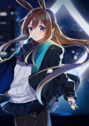 Rule 34 | 1girl, absurdres, amiya (arknights), animal ears, arknights, ass, black jacket, black pantyhose, blouse, blue eyes, blue skirt, blurry, blurry background, blurry foreground, blush, brown hair, depth of field, frilled shirt, frills, hair between eyes, highres, jacket, jewelry, kisaragi yuri, long hair, long sleeves, looking at viewer, looking to the side, open clothes, open jacket, pantyhose, parted lips, pleated skirt, ponytail, puffy long sleeves, puffy sleeves, rabbit ears, ring, shirt, sidelocks, skirt, sleeves past wrists, solo, thumb ring, very long hair, white shirt