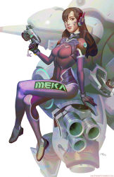 Rule 34 | 1girl, acronym, alternate color, animal print, artist name, bodysuit, bracer, breasts, brown eyes, brown hair, charm (object), clothes writing, crossed legs, d.va (overwatch), facepaint, facial mark, full body, gloves, gun, handgun, headphones, high collar, highres, holding, holding gun, holding weapon, long hair, looking at viewer, looking to the side, mecha, medium breasts, meka (overwatch), mila the mute, overwatch, overwatch 1, parted lips, pilot suit, pink lips, pistol, rabbit print, ribbed bodysuit, robot, shoulder pads, signature, simple background, sitting, sitting on object, skin tight, smile, solo, swept bangs, trigger discipline, weapon, whisker markings, white background, white gloves