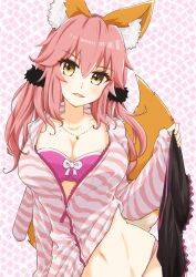 Rule 34 | 1girl, absurdres, animal ear fluff, animal ears, bra, breasts, casual, cleavage, collar, collarbone, fate/extra, fate (series), fox ears, fox girl, fox tail, highres, large breasts, looking at viewer, navel, open clothes, open mouth, open shirt, pants, unworn pants, pink bra, pink hair, solo, tail, tamamo (fate), tamamo no mae (fate/extra), underwear, yellow eyes, ystrann