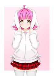 Rule 34 | 1girl, :&lt;, absurdres, ahoge, animal hood, blunt bangs, blunt ends, border, bow, checkered clothes, checkered skirt, commentary request, expressionless, hands up, highres, hood, hooded jacket, jacket, kinnikku, long sleeves, looking at viewer, love live!, love live! nijigasaki high school idol club, miniskirt, pink background, pink hair, pulling, rabbit hood, red skirt, short hair, skirt, solo, tennoji rina, thighhighs, thighs, white border, white bow, white jacket, white thighhighs, yellow eyes, zettai ryouiki
