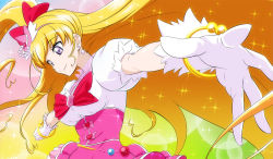 Rule 34 | 1girl, blonde hair, bow, bowtie, bracelet, breasts, clenched hand, closed mouth, collarbone, cure miracle, earrings, floating hair, fuchi (nightmare), gloves, hair bow, hairband, hat, high-waist skirt, high ponytail, jewelry, large breasts, lens flare, long hair, mahou girls precure!, mini hat, outstretched arms, outstretched hand, pink background, pink hairband, pink headwear, pink skirt, precure, purple eyes, red bow, red bowtie, shirt, short sleeves, side ponytail, skirt, smile, solo, sparkle, upper body, very long hair, white gloves, white shirt, witch hat, yellow background