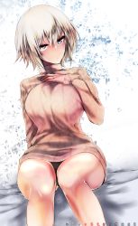 Rule 34 | &gt;:(, 1girl, alternate costume, artist name, bed, black panties, breast suppress, breasts, fate/apocrypha, fate/grand order, fate (series), foreshortening, frown, grey eyes, highres, jeanne d&#039;arc (fate), jeanne d&#039;arc (ruler) (fate), jeanne d&#039;arc alter (fate), kojima (blue stardust), large breasts, light brown hair, long sleeves, looking at viewer, on bed, panties, pantyshot, ribbed sweater, ruler (fate/grand order), short hair, sitting, solo, sweater, thighs, underwear, v-shaped eyebrows