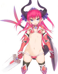Rule 34 | 1girl, armor, bikini, bikini armor, black thighhighs, blue eyes, blue ribbon, blush, boots, broadsword, choker, commentary request, curled horns, elizabeth bathory (brave) (fate), elizabeth bathory (fate), fate/grand order, fate (series), flat chest, goekawa, hair ribbon, highres, holding, holding sword, holding weapon, horns, knee boots, long hair, looking at viewer, navel, open mouth, pauldrons, pink hair, pointy ears, red armor, red bikini, ribbon, shield, shoulder armor, solo, string bikini, swimsuit, sword, thighhighs, tiara, two side up, weapon