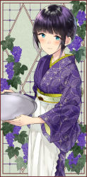 Rule 34 | 1girl, animal print, apron, black hair, blue eyes, blush, butterfly print, closed mouth, coffee wo shizuka ni, commentary request, flower, frilled apron, frills, holding, holding tray, japanese clothes, kimono, long sleeves, miyabi akino, mole, mole under eye, obi, print kimono, purple flower, purple kimono, sash, shizuka (coffee wo shizuka ni), sidelocks, smile, solo, tray, waist apron, white apron, wide sleeves