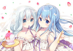 Rule 34 | 2girls, absurdres, ame usari, bad id, bad pixiv id, bare arms, bare shoulders, between breasts, blue eyes, blue hair, bow, braid, breasts, character request, cherry, cleavage, closed mouth, collarbone, commentary request, dress, food, frilled dress, frills, fruit, hair between eyes, highres, hiyuki-chan, holding, holding spoon, holding tray, long hair, mouth hold, multiple girls, ribbon, ribbon in mouth, see-through, shaved ice, silver hair, sleeveless, sleeveless dress, small breasts, smile, sound voltex, spoon, strap slip, strawberry, tray, veil, white bow, white dress