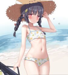 Rule 34 | 1girl, absurdres, armpits, beach, bikini, black hair, blue archive, blush, breasts, flat chest, gugu0v0, hair ornament, hat, highres, leaf, leaf hair ornament, long hair, looking at viewer, miyu (blue archive), miyu (swimsuit) (blue archive), navel, ocean, red eyes, sand, small breasts, solo, straw hat, swimsuit, thighs, water, water drop, white bikini