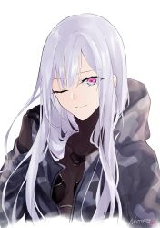 Rule 34 | 1girl, absurdres, ak-12 (faint light of furthest day) (girls&#039; frontline), ak-12 (girls&#039; frontline), artificial eye, black gloves, camouflage, camouflage jacket, closed mouth, girls&#039; frontline, gloves, hair between eyes, head tilt, highres, hood, hoodie, jacket, long hair, looking at viewer, mechanical eye, one eye closed, pale skin, pink eyes, silver hair, smile, suprii, tactical clothes, white background