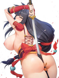 Rule 34 | 1girl, animal ear fluff, animal ears, arm guards, arms up, ass, back, between buttocks, black hair, blush, breasts, butt crack, closed mouth, commentary, convenient censoring, fox ears, from behind, hair ornament, half-closed eyes, highres, holding, holding sword, holding weapon, large breasts, long hair, looking at viewer, looking back, nipples, no bra, no panties, nude, obaoba (monkeyix), obi, original, red ribbon, ribbon, sash, shoulder pads, sidelocks, simple background, smile, solo, standing, sword, symbol-only commentary, very long hair, weapon, white background, yellow eyes