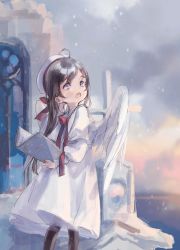 Rule 34 | 1girl, ahoge, angel, angel wings, black hair, black legwear, blue eyes, book, bow, building, church, cross, dress, female focus, hair bow, hat, highres, holding, holding book, nenena, open mouth, original, outdoors, red bow, snow, snowing, solo, stained glass, white dress, window, wings